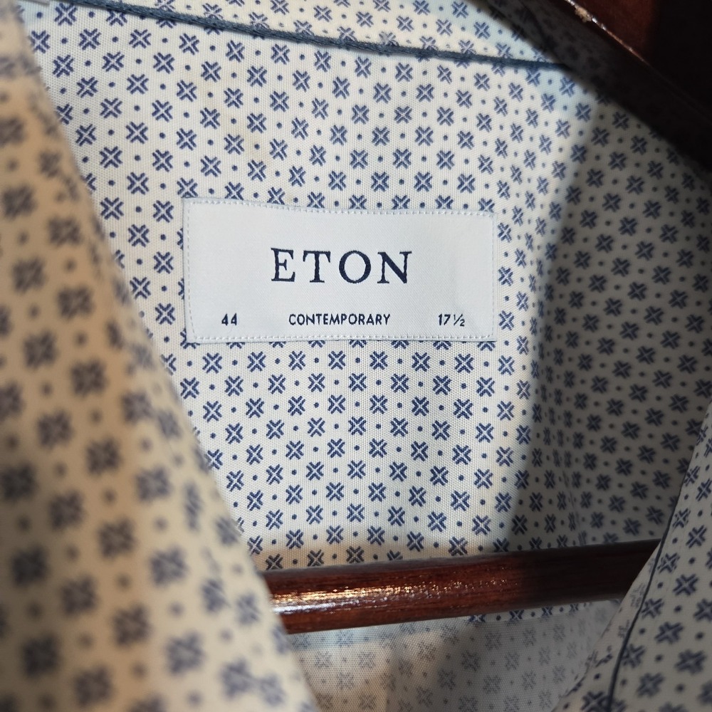 Eton Contemporary Fit Dress Shirt Mens 17.5 44 Blue White Geometric Print Cotton